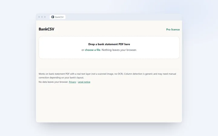 BankCSV preview: a bank statement PDF dropped into the extension, transaction table detected before CSV export.