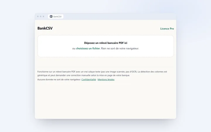 Aperçu de BankCSV : un relevé bancaire PDF déposé dans l'extension, tableau des opérations détecté avant export CSV.