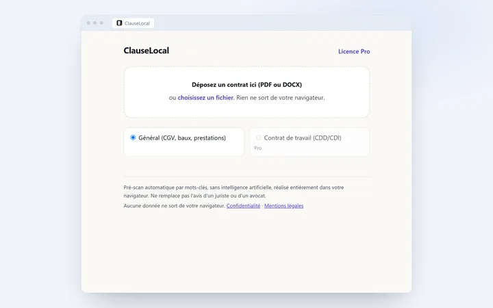Aperçu de ClauseLocal : un contrat déposé dans l'extension, clauses à risque classées par gravité.