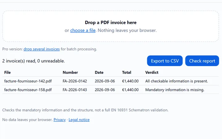 Novair Factur-X preview: two PDF invoices read in the browser, amounts and mandatory fields checked.