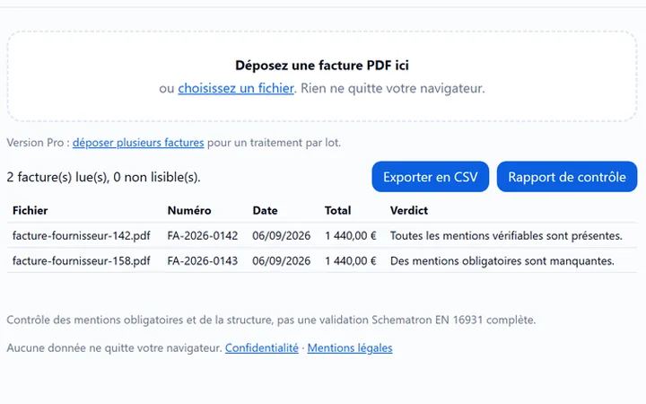 Aperçu de Novair Factur-X : deux factures PDF lues dans le navigateur, montants et mentions obligatoires contrôlés.