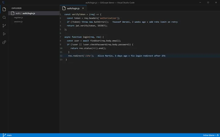 GitScope preview: inline blame and commit graph inside VS Code.