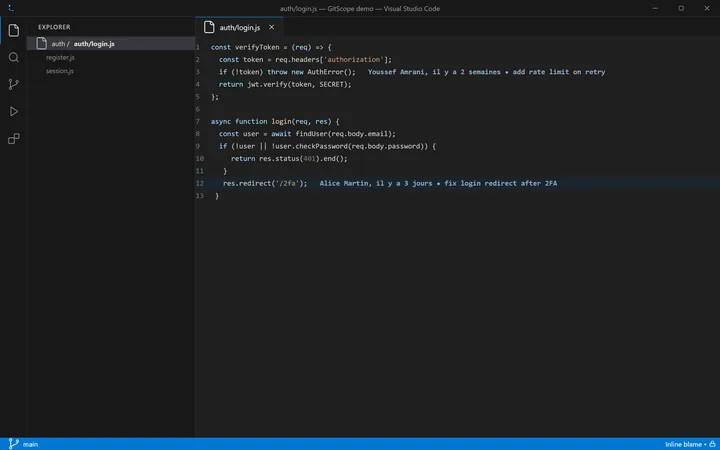 Aperçu de GitScope : blame en ligne et graphe des commits dans VS Code.