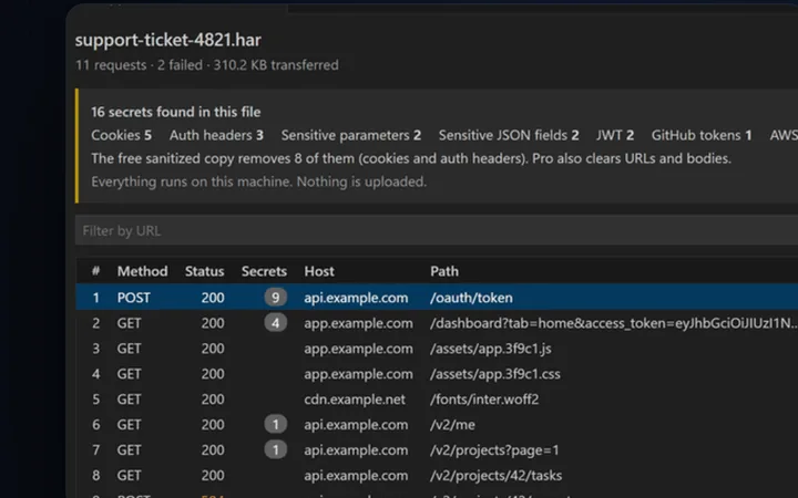 HAR Viewer & Sanitizer preview: a HAR capture in VS Code with authentication tokens flagged before cleanup.