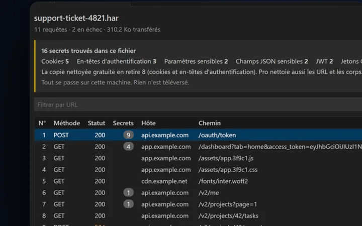 Aperçu de HAR Viewer & Sanitizer : une capture HAR dans VS Code avec les tokens d'authentification repérés avant nettoyage.