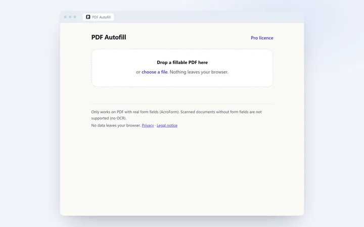PDF Autofill preview: a drop zone for a PDF with a form, nothing leaves the browser.