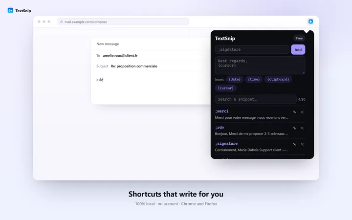 TextSnip preview: a shortcut typed into an email field, expanded instantly into full text.