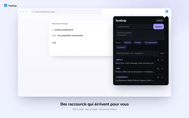 Aperçu de TextSnip : un raccourci tapé dans un champ email, développé instantanément en texte complet.