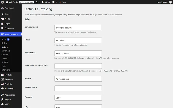Novair E-Invoice Generator for WooCommerce preview: the plugin settings screen in the WordPress admin, with the seller's legal details.