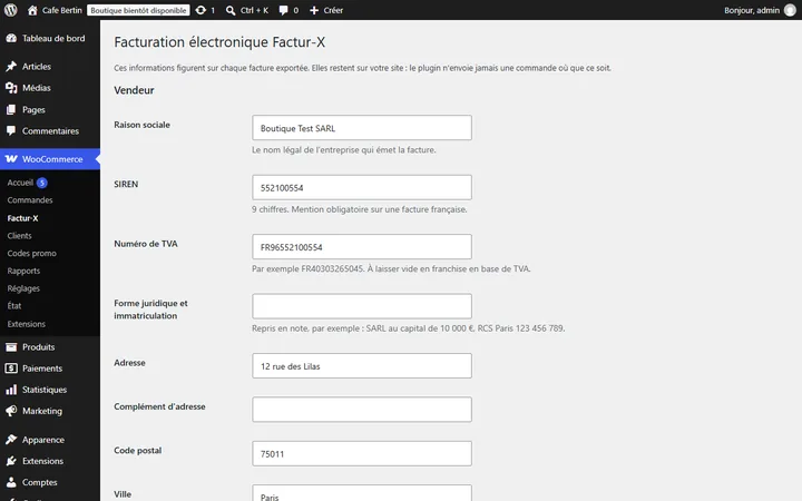 Aperçu de Factur-X pour WooCommerce : l'écran de réglages du plugin dans l'administration WordPress, avec les mentions du vendeur.